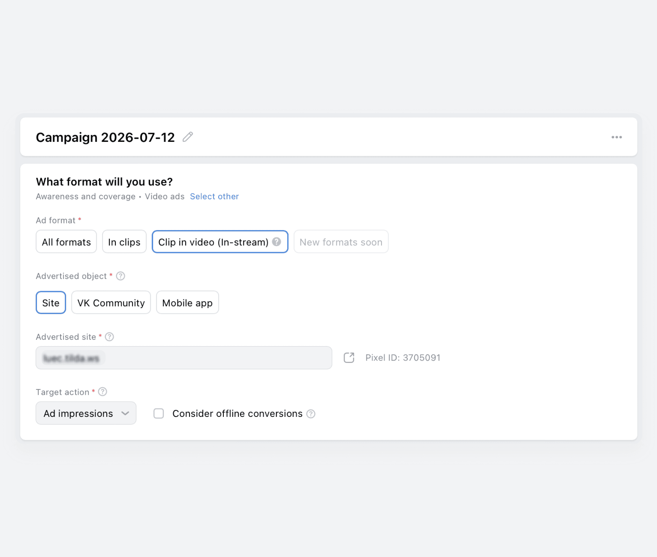 Setting up an awareness and coverage campaign in VK Ads with the "Video ads" format