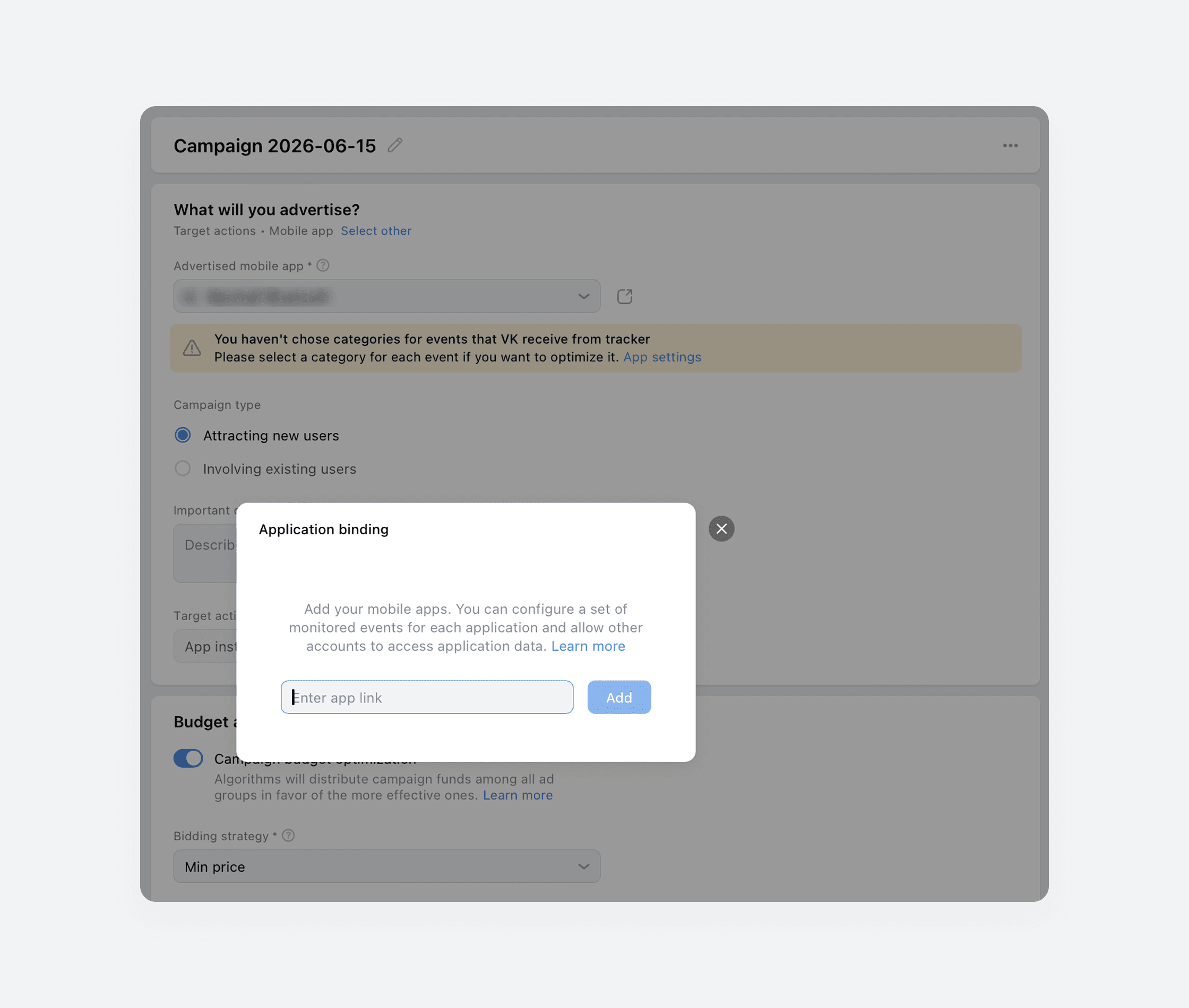 Application binding to the VK Ads account